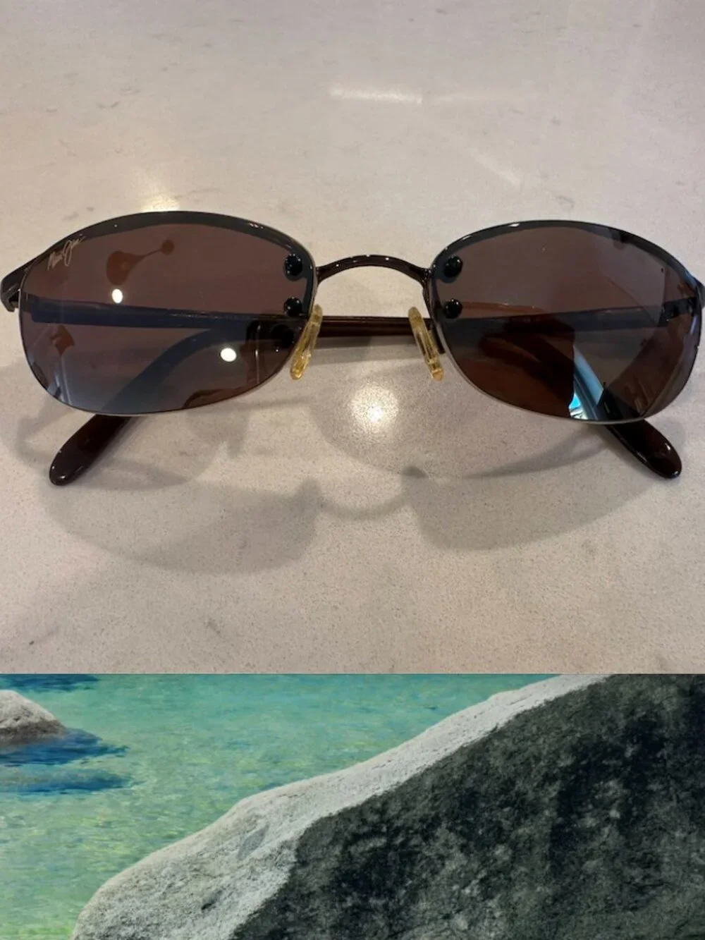 Maui Jim Brown Lens Oval Sunglasses with Gold Nose Pads and Dark Brown Frame